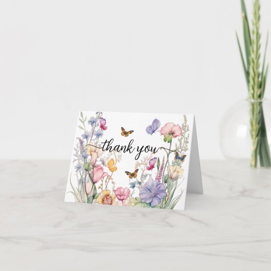 Vlinders en wilde bloemen Elegant Script Bedankkaart (Voorkant)