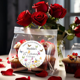 Vlinders en wilde bloemen Elegante 75e verjaardag Ronde Sticker