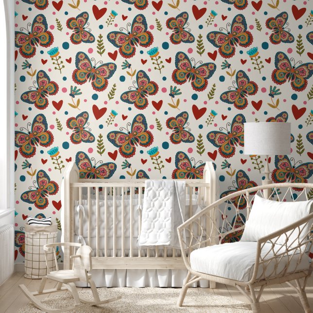 Vlinders Folk Hearts Floral Whimsical Pattern Behang (Kinderen)