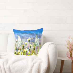 Vlinders Geel Bloemenblauwe lucht Kussen