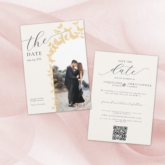 Vlinders Goud Boho Foto Arch QR Code Bruiloft Save The Date