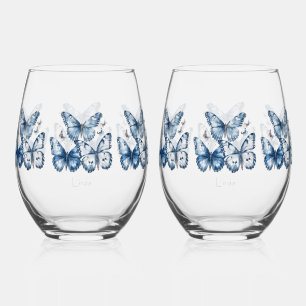 Vlinders in Delfts Blauw, aanpasbaar Wijnglas Zonder Voet