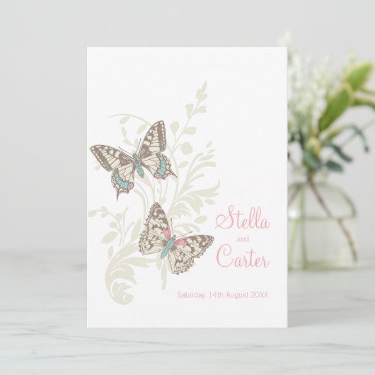 Vlinders inkt kunst roze crème wit bruiloft kaart (Staand voorkant)