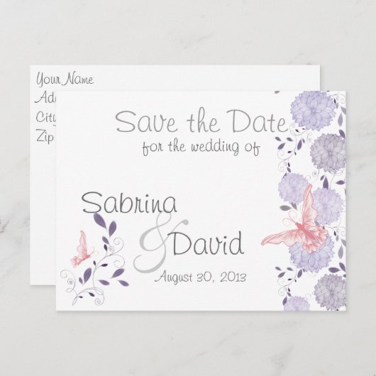 Vlinders & Lavendel Chrysanthemum Bewaar de datum Aankondigingskaart (Voorkant / Achterkant)