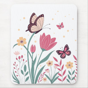 Vlinders met roze tulpen en gele madeliefjes muismat