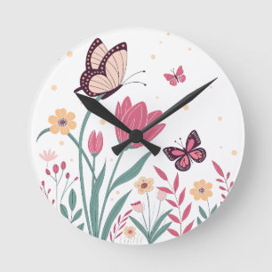 Vlinders met roze tulpen en gele madeliefjes ronde klok