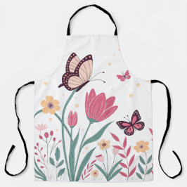 Vlinders met roze tulpen en gele madeliefjes schort