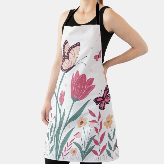 Vlinders met roze tulpen en gele madeliefjes schort (Insitu)