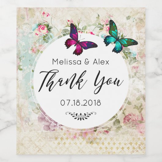 Vlinders op een armoedige  collage bruiloft wijn etiket (Enkel label)