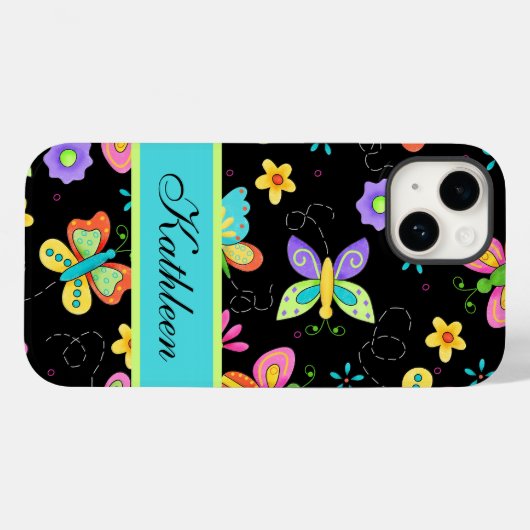 Vlinders op zwarte Whimsy naam gepersonaliseerd Case-Mate iPhone Case (Achterkant (horizontaal))