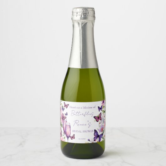 Vlinders paarse bruiloft cadeau  sparkling wijnetiket (Voorkant)