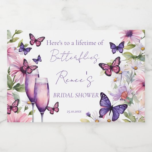 Vlinders paarse bruiloft favor sparkling wijnetiket (Enkel label)