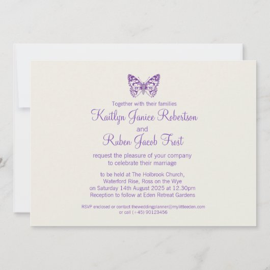 Vlinders paarse witte crème bruiloft uitnodiging (Achterkant)