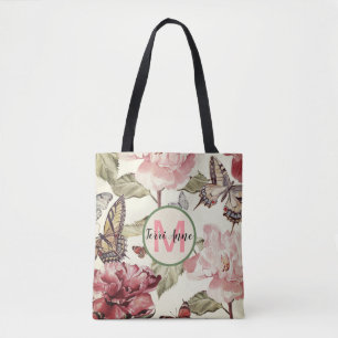 Vlinders & Pioenrozen met vintage tint en monogram Draagtas