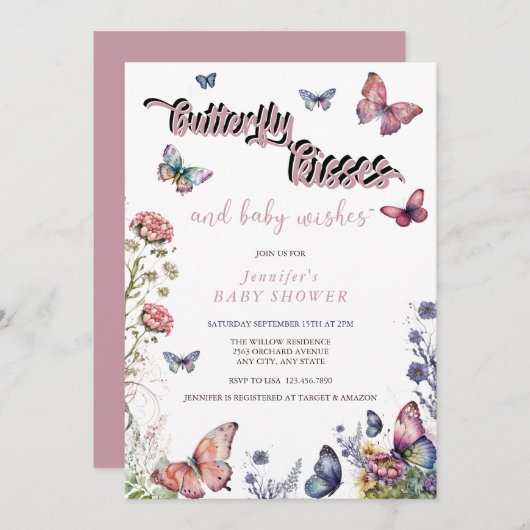 Vlinders Roze Paarse | Bloemen Baby shower Kaart (Voorkant / Achterkant)