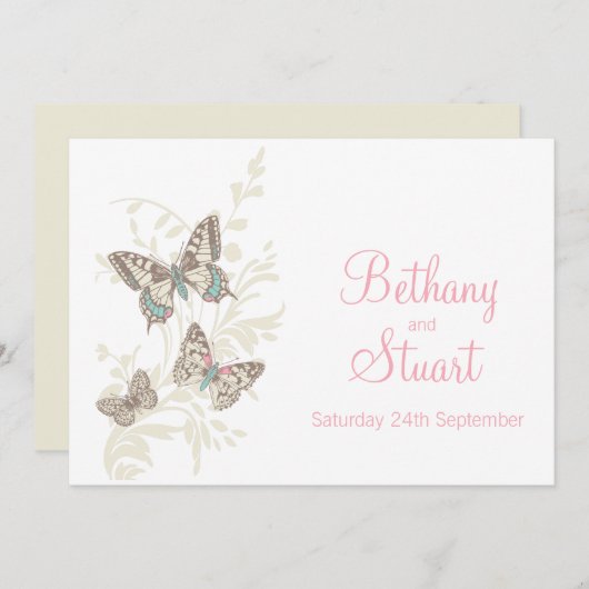 Vlinders roze witte crème bruiloft uitnodiging (Voorkant / Achterkant)