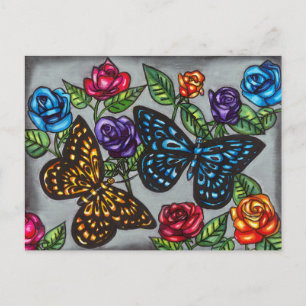 Vlinders rozen bloemenoriginele kunsttekening briefkaart