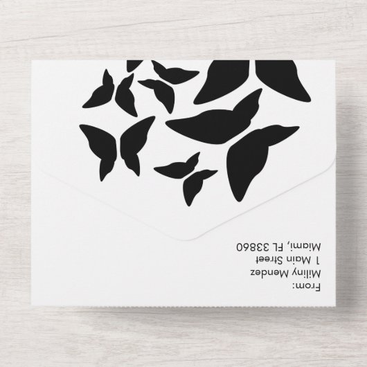 Vlinders Zwart Wit Typografie All In One Uitnodiging (Achterkant)