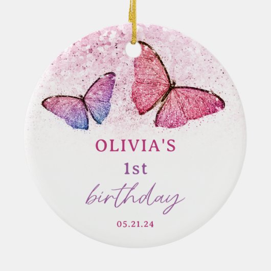 Vlinderthema 1e verjaardagsfeest Favor Keramisch Ornament (Achterkant)
