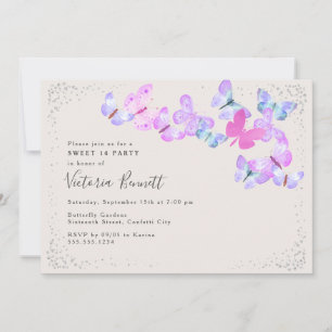 Vlindervluchten Roze Zilver Confetti Sweet 16 Kaart
