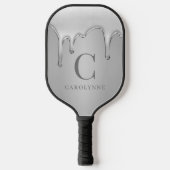 Vloeibaar chroom druppelt zilver metaal monogram pickleball paddle (Voorkant)