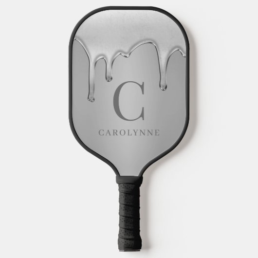 Vloeibaar chroom druppelt zilver metaal monogram pickleball paddle (Voorkant)