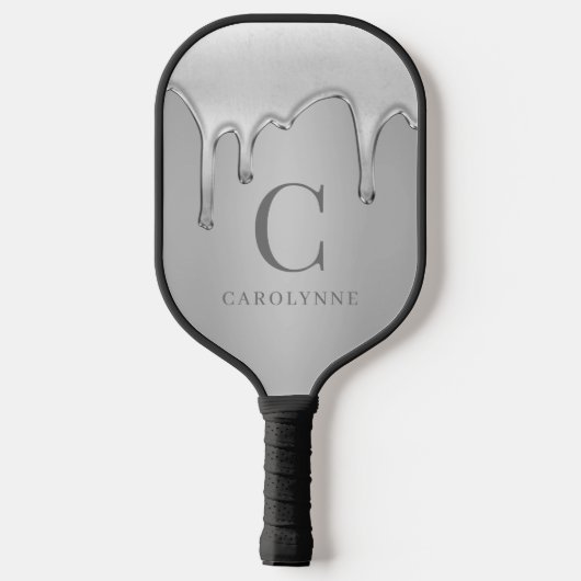 Vloeibaar chroom druppelt zilver metaal monogram pickleball paddle (Achterkant)
