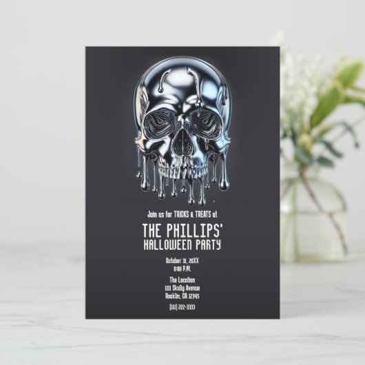 Vloeibare Chrome Zilveren Drip Schedel Halloween P Kaart (Staand voorkant)