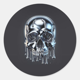 Vloeibare Chrome Zilveren Drip Schedel Halloween P Ronde Sticker