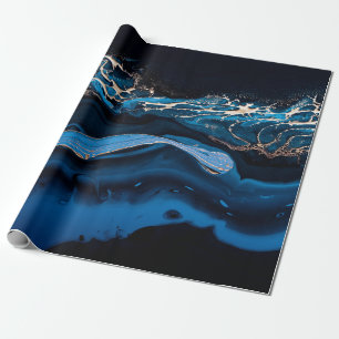 Vloeibare metalen goud in abstract blauw cadeaupapier
