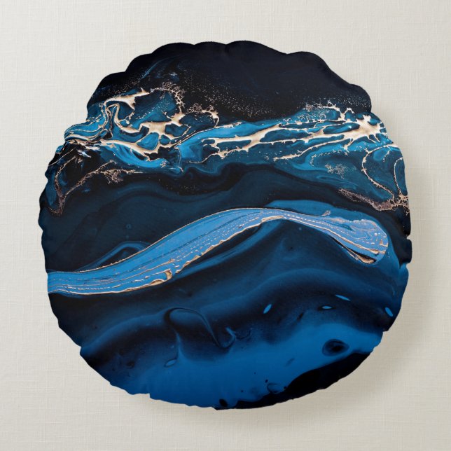 Vloeibare metalen goud in abstract blauw rond kussen (Voorkant)