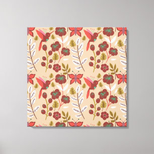 Vloeibare naadloze bloemen, vogels, vlinder canvas afdruk