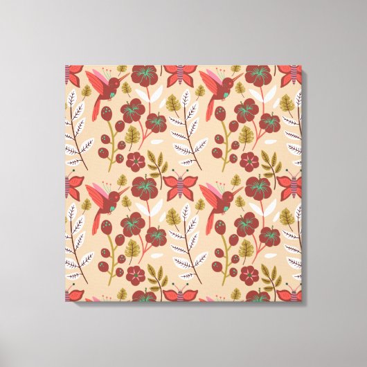 Vloeibare naadloze bloemen, vogels, vlinder canvas afdruk (Voorkant)