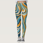 Vloeibare werveling oker blauw trippy patroon leggings (Voorkant)