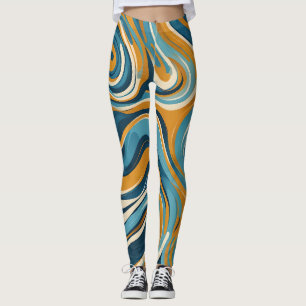 Vloeibare werveling oker blauw trippy patroon leggings