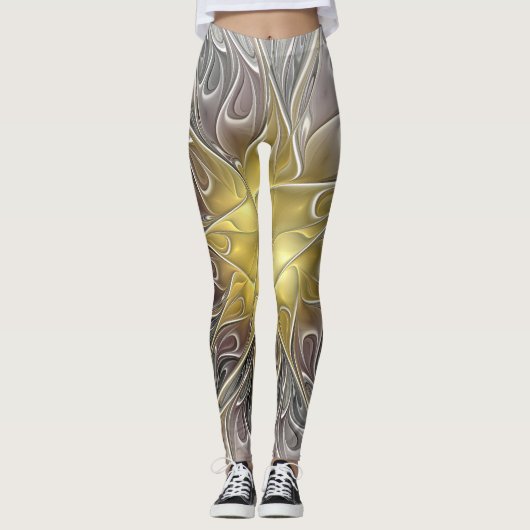 Vloeiend met goudmatige Abstracte fractale bloem Leggings (Voorkant)