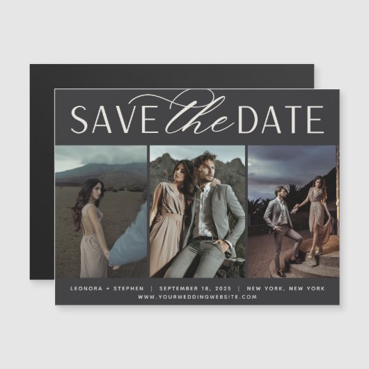 Vloeiend script | 3 Foto Save the Date Magnet (Voorkant / Achterkant)