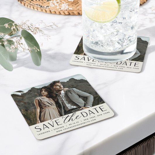 Vloeiend script | De foto bewaart de Datum Vierkante Kartonnen Onderzetter