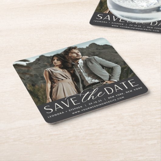 Vloeiend script | De foto bewaart de Datum Vierkante Kartonnen Onderzetter (Schuin)