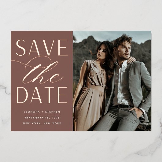 Vloeiend script | Enige Foto slaat de datum op Folie Uitnodiging (Voorkant)