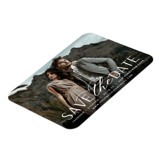 Vloeiend script | Horizontale foto slaat de datum  Magneet (Linkerzijde)