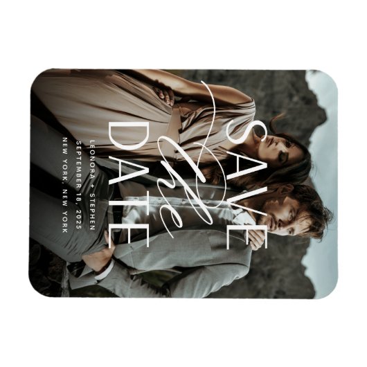 Vloeiend script | Verticale foto slaat de datum op Magneet (Horizontaal)