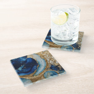 Vloeiende abstracte goud-navy strand glazen onderzetter