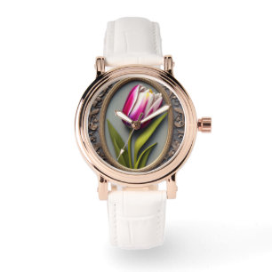Vloeiende Elegantie: Roze Tulp in Art Nouveau Ontw Horloge