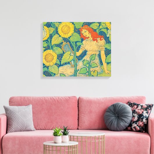 Vloeiende kindervrouw in zonnebloempitten canvas afdruk (Insitu (Woonkamer))