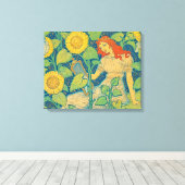 Vloeiende kindervrouw in zonnebloempitten canvas afdruk (Insitu (Houten vloer))