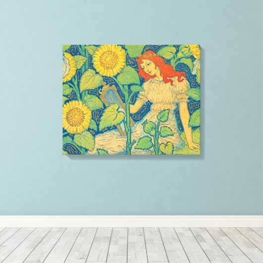 Vloeiende kindervrouw in zonnebloempitten canvas afdruk (Insitu (Houten vloer))