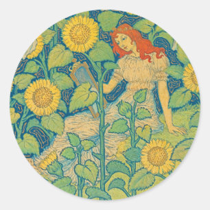 Vloeiende kindervrouw in zonnebloempitten ronde sticker