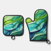 Vloeiende vormen in groen en blauw ovenwant & pannenlap set (Voorkant)