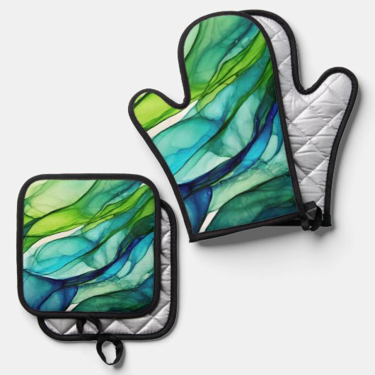 Vloeiende vormen in groen en blauw ovenwant & pannenlap set (Voorkant / Achterkant)